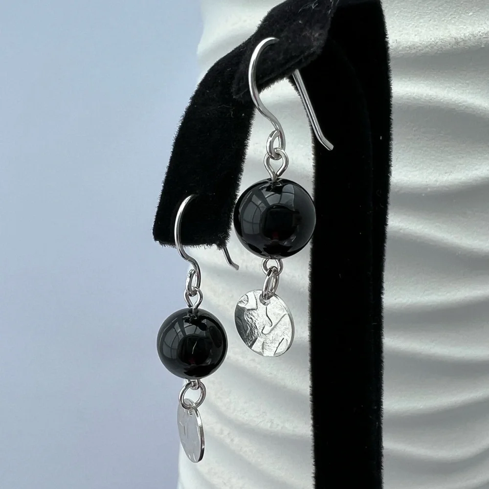Artisan Black Onyx with Embossed Sterling Silver Disk Earrings - Picture 8 of 14